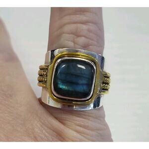 YS Sterling Silver Two Tone Labradorite Wide Band Ring Size 7 Gold Tone Accents